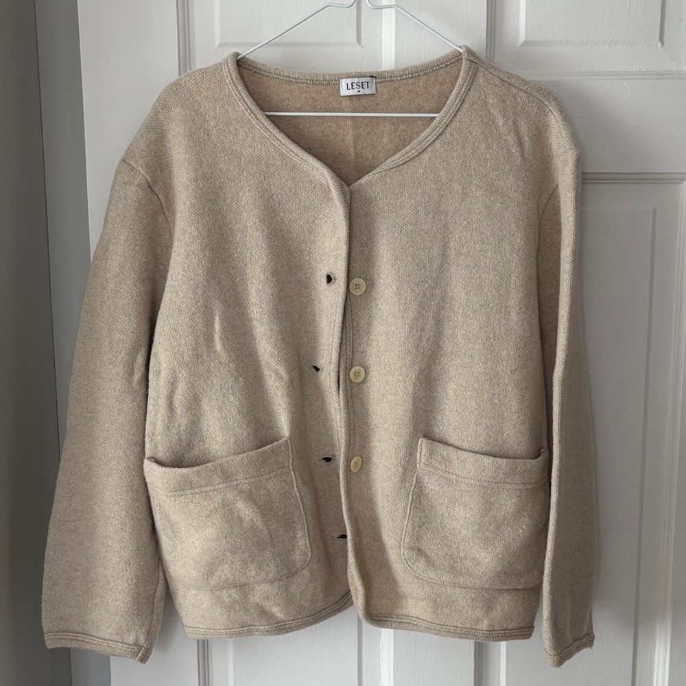 LESET Beige Crewneck Button Cardigan Sweater